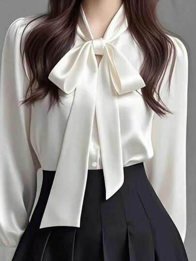 Women's Elegant Satin White Long Sleeve Casual Shirt, Versatile Commuter Blouse With Bow Collar Detail - Solid Color Suitable For All Seasons, Machine Washable Non-Sheer, Soft & Breathable Fabric, Refined Satin Texture, Solid Color Tie For Office & Daily Wear