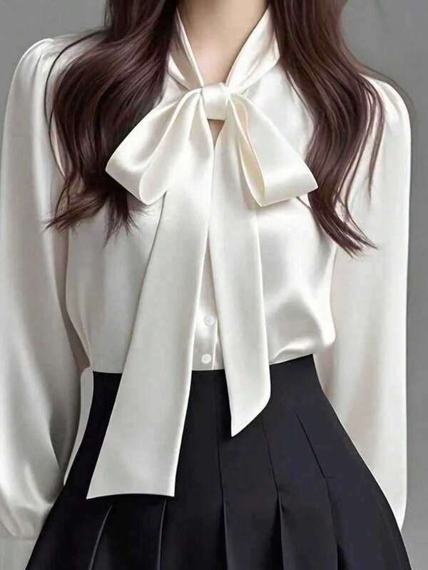Women's Elegant Satin White Long Sleeve Casual Shirt, Versatile Commuter Blouse With Bow Collar Detail - Solid Color Suitable For All Seasons, Machine Washable Non-Sheer, Soft & Breathable Fabric, Refined Satin Texture, Solid Color Tie For Office & Daily Wear