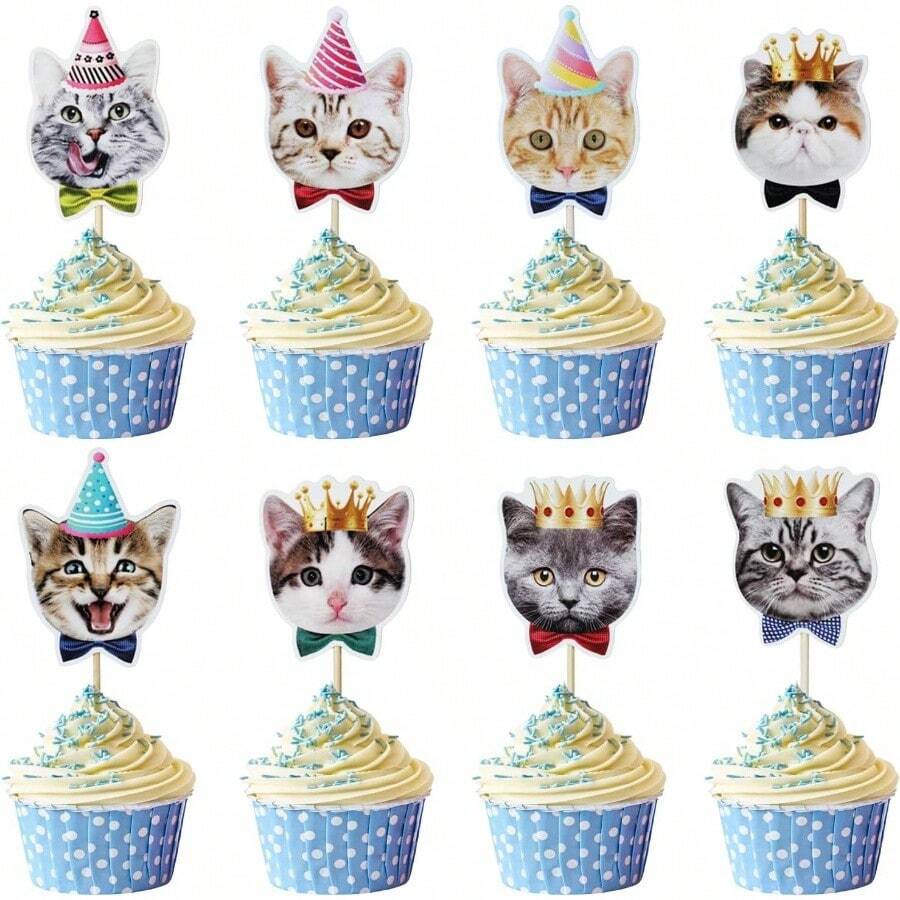 24 Pcs Cupcake Toppers, Cake Topper, Cats Birthday Decorations Pet Themed Party Supplies - Type3-cat Face-24p - View 1