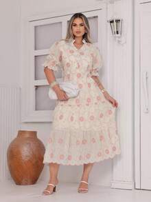 Women's Fashion Midi Dress In 3D Laise Fabric With Elastex On The Back And Button On The Front And Lining - 查看 2