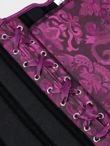 Underbust Corsets For Women,Corset Belt, Women's Floral Jacquard Lace Up Under Boob Corset Slimmer Body Shaper - 黑玫瑰紅 - 查看 7
