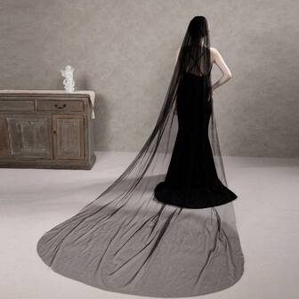 1pc Bride Veil, Soft Black Nude Tulle Veil, Romantic Outdoor Wedding Photography Trailing Veil, Cathedral Wedding Accessory