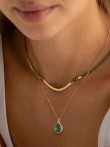 Tkool Fashionable Copper Water Drop Pendant Necklace, Inlaid With Shiny Green Cubic Zirconia On Stainless Steel Gold Wire Flattened Blade Chain, Suitable For Women's Vacation And Daily Wear - Yellow Gold - View 5