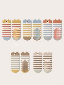 6 Pares de Meias de Bebê Antiderrapantes para Engatinhar, Estampa Aleatória de Urso Fofo Listrado, Bottom Macio, Adequado para Uso Diário