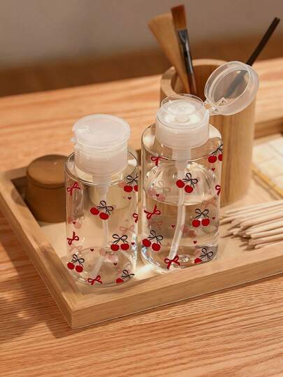 Botella de viaje recargable de PET transparente con diseño de lazo de cereza rosa, dispensador de desmaquillante, botella dispensadora con bomba portátil de 150ml/200ml/300ml para quitaesmalte, tónico y desmaquillante, diseño de cúpula, lavar a mano, reutilizable, botella de desmaquillante (la medición manual puede tener un error normal de 2 cm, los mililitros son precisos)