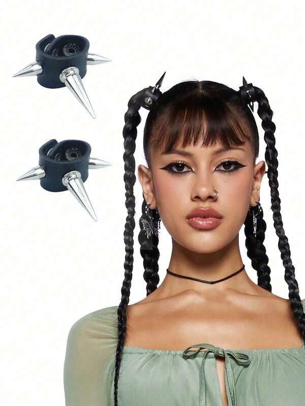 Street 2pcs Punk Rivet Hair Curler For Fixing Braids Hair Ties Ponytail Holders Hair Elastics Hair Rubber Bands Scrunchies Hair Rope Elastic Hair Tie, Hair Bobbles ,Head Piece