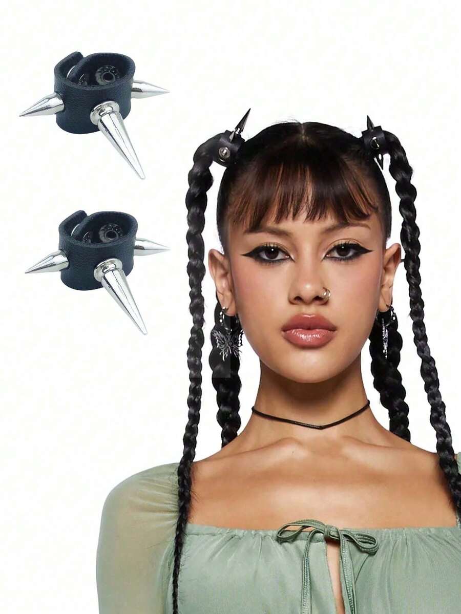 街头风朋克铆钉卷发器，2 件装，用于固定辫子、马尾辫、发圈、橡皮筋、发绳、弹力发圈、发饰、头饰 - 彩色 - 查看 1