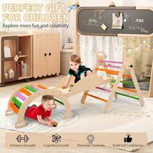 Juguetes de escalada de madera plegables para niños pequeños, juego de triángulos 9 en 1 con arco, triángulo, juego de pinball y balancín, gimnasio de jungla de juegos interior grande y resistente para niños pequeños y niños - Multicolor - Ver 7