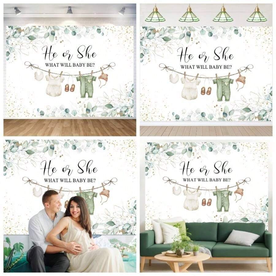 Greenery - Teln de fondo de fotos con texto en ingls He or She What Will Be or Clothes Neutral Party Decoration verde con hojas de eucalipto, fondo de fotos de. 5x - 7x5 pies - Ver 1