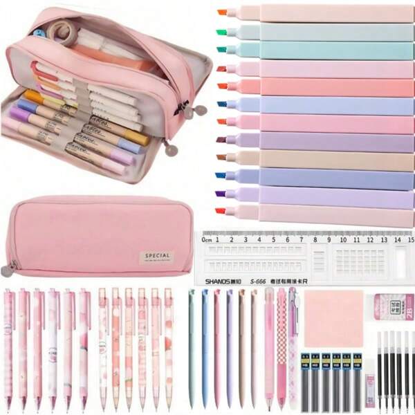 50 In1 Stationery Set With Large Capacity Pencil Case Highlighter Gel Pens Click Pen Etc. Comprehensive Variety Of Office And School Supplies Ideal For Students And Professionals Essential Stationery Set
