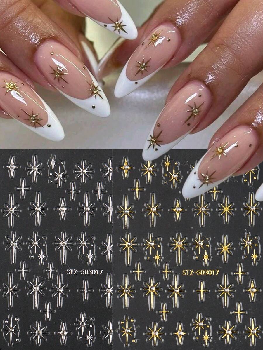 2 pezzi Adesivi per unghie con stelle francesi dorate e argentate, con strass, decorazioni per unghie 5D in metallo lucido a forma di stella, charms per unghie glitterati in stile Y2K, decorazioni fai-da-te per manicure