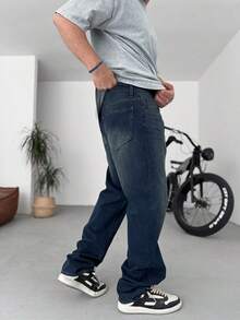 男士水洗海军蓝宽松直筒牛仔裤，百搭秋季 - 深色水洗藍 - 查看 4