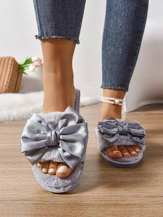 秋冬女士毛绒蝴蝶结拖鞋，柔软舒适卧室拖鞋，蓬松毛茸茸的家居鞋，保暖室内/室外毛绒拖鞋，大码，防滑，露趾，黑色