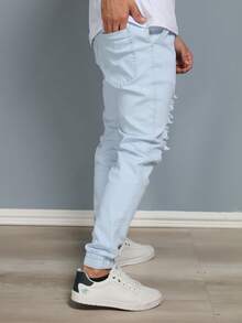 Men's Ripped Jogger Pants With Elastic - Baby Blue - View 3