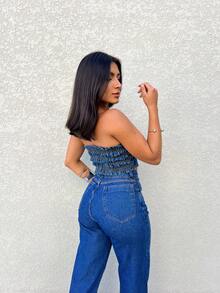 Kissmelady 3028 Dark+5002 Medium Color Shiny Jeans Set Cropped Top With Pants Women's Summer Cropped Vest Set - Rửa tối - Xem 2