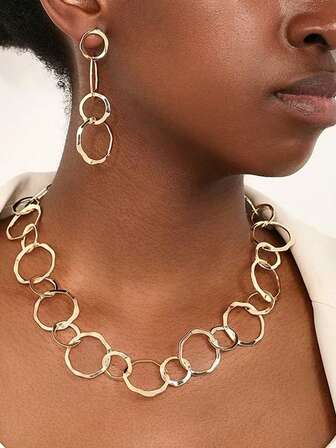 时尚不对称圆形项链和耳环首饰套装