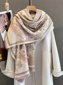 1 Stück Damen Dicke Khaki Blumen Muster Plüsch Wolle Doppelseitig Imitierter Kaschmir Quaste Gestrickter Schal Elegant und Modisch Warmer Schal Umhang für Damen und Herren zum Anziehen