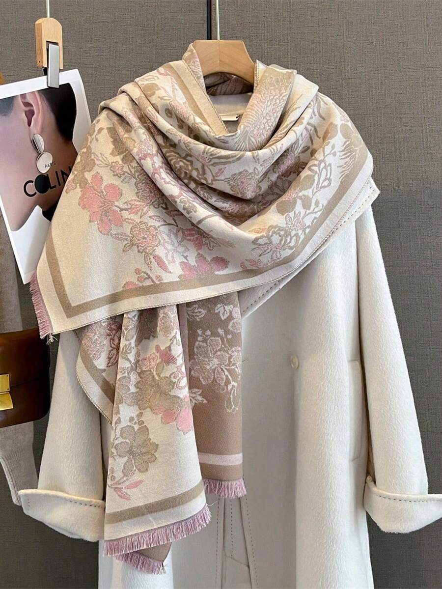 1 Stück Damen Dicke Khaki Blumen Muster Plüsch Wolle Doppelseitig Imitierter Kaschmir Quaste Gestrickter Schal Elegant und Modisch Warmer Schal Umhang für Damen und Herren zum Anziehen