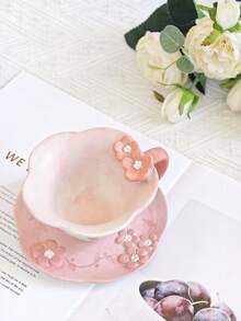 1 Set de taza de café y platillo con diseño minimalista, pintado a mano y con relieve de flor de ciruelo - Multicolor - Ver 1