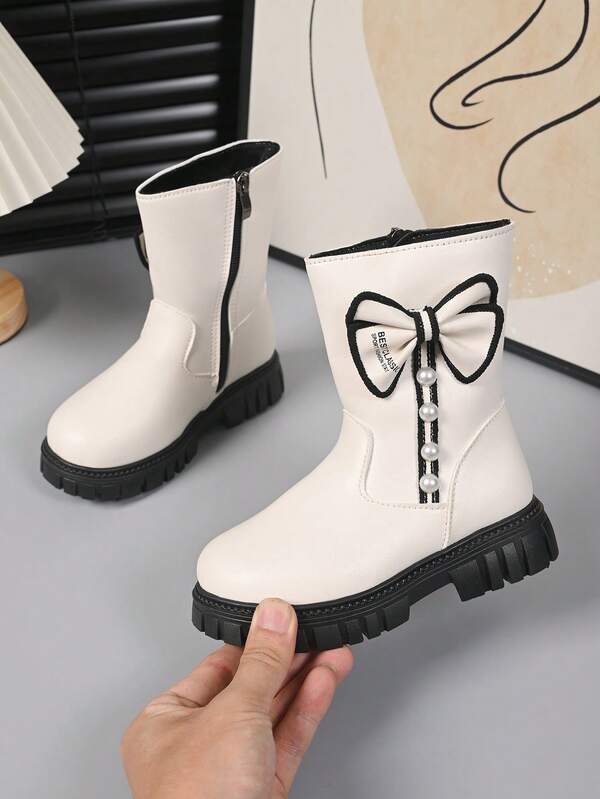Fashion Bow Pearl Decor Children Mid-Calf Boots, Girls Student Riding Boots