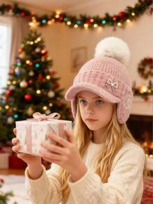 New Autumn-Winter Style Small-Chic Pearl Bow Knitted Hat, Suitable For All Occasions, Girl Large Head Cover With Ear Ion, Knitted Hat