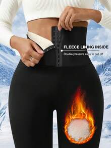 1 件女式高腰修身保暖内衬可调节纽扣紧身裤 - 可调节纽扣提腰紧身裤，弹力面料腰部塑形，加厚保暖内衬，腰部塑形，纽扣前部紧身裤，修腰紧身裤，纯色裤子，适合秋冬季休闲、户外、运动、瑜伽 - 黑色 - 查看 2