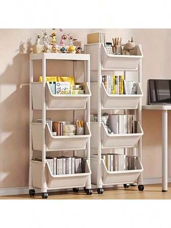 4-Tier Rolling Storage Rack - White Plastic Multi-Layer Storage Organizer With Wheels, Suitable For Kitchen, Living Room, Bedroom Or Dorm - Great For Storing Books, Tableware And Produce, Vertical Shelf