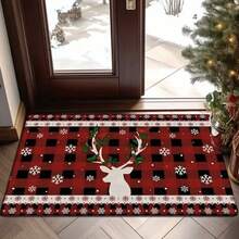 1 pieza Alfombra con diseño de reno navideño, con cuadros rojos y negros, diseño de copos de nieve, alfombra rectangular decorativa, adecuada para entrada, dormitorio, cocina, baño, felpudo de cocina, alfombra con patrón de grano de madera, felpudo de poliéster, felpudo de bienvenida para la puerta principal