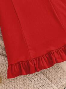 1pc Teen Girl Long Sleeve Square Neck A-Line Dress With 3D Bow Decor And Ruffle Hem, Casual Commuter Style, Burgundy, Elegant, Spring/Autumn - Burgundy - View 5