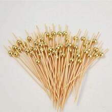 200pcs/100pcs/50pcs/20pcs/5pcs Bamboo Made Golden Faux Pearl Bamboo Skewers, Suitable For Tabletop Decor, Dessert Garnish, Fruit Kebabs, Parties, Birthdays, Weddings, Clubs, Fruit, Cupcakes, Burgers, Barbecue, Snacks, & Hygienic - Beige - View 5