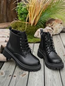 秋冬季加大码女式黑色宽楦靴，厚底，系带，防滑，侧拉链，高品质合成材料，圆头设计，适合日常穿着和户外活动 - 黑色 - 查看 4