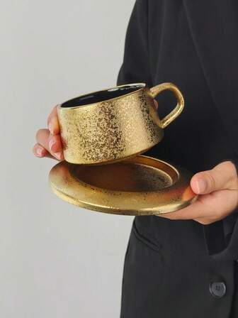 Nordic Ins Style Luxury Ceramic High-End Matte Black Shiny Coffee Cup & Saucer Set, Afternoon Tea/Latte Cup