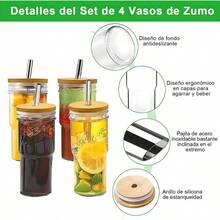 Vasos de Vidrio con Tapa Tazas de Vidrio con 4 Pajita Popote Acero Inoxidable, Botellas de Vidrio Vasos Cristal de Lata Cerveza Tazas de Caf Helado Batidos Soda Cctel Whisky Cola 650ml, 4PZS - inicial - Ver 4