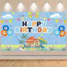 1pc Blue Puppy Theme Happy Birthday Party Backdrop, Decorated With Cute Paw Prints And Ribbon Design, Suitable For Birthday Party Decor, Photo Banner Prop, Cartoon Photography Background, Cake Table Decor, And Birthday Party Supplies. - Multicolor - View 2