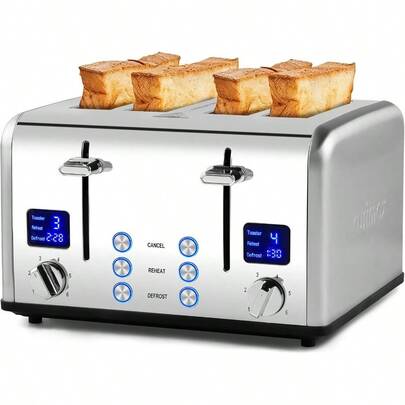 4 Slice Toaster Stainless Steel Toaster With Clear LED Display Bread Toaster With Extra Wide Slots And 6 Browning Settings Cancel Reheat Defrost Function Removable Crumb Trays Silver