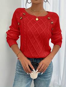 Women's Elegant Striped Sweater - Soft Crew Neck Long-Sleeve Pullover With Decorative Buttons, Medium Stretch, Machine-Washable, Comfortable Autumn & Winter Top Suitable For Casual Or Formal Outfits, Cute Sweater - 紅色 - 查看 1