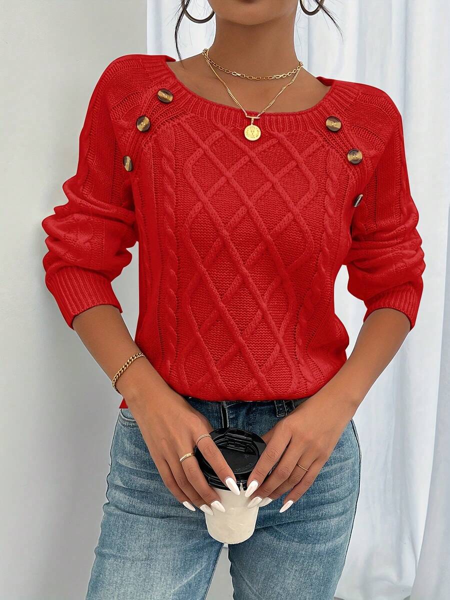 Women's Elegant Striped Sweater - Soft Crew Neck Long-Sleeve Pullover With Decorative Buttons, Medium Stretch, Machine-Washable, Comfortable Autumn & Winter Top Suitable For Casual Or Formal Outfits, Cute Sweater - 紅色 - 查看 1