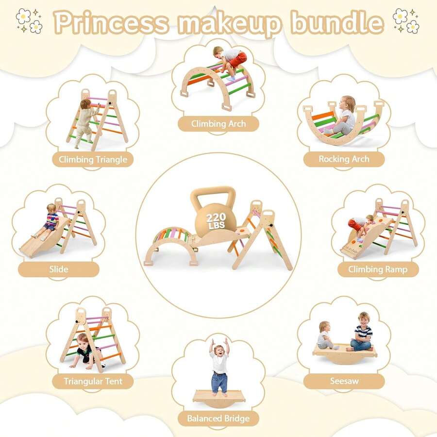 Juguetes de escalada de madera plegables para niños pequeños, juego de triángulos 9 en 1 con arco, triángulo, juego de pinball y balancín, gimnasio de jungla de juegos interior grande y resistente para niños pequeños y niños - Multicolor - Ver 1