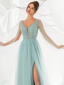 VIPGIRL Women's Elegant Ethereal Sequin Contrast Mesh High Slit Maxi Evening Gown - Blue - View 5