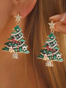 1 Pair Christmas Decoration New Green Christmas Tree Colorful Christmas Earrings (Random Color Order Of Colored Zirconia Stones On Earrings)