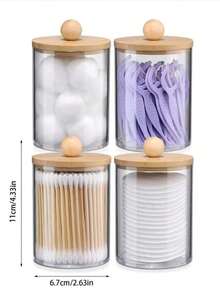 4pcs Qtip Dispenser Holder - 10 Oz Storage Box With Bamboo Lid, Bathroom Accessory Set, Suitable For Cleaning Ball, Round Pads, Panty Liners, Dental Floss Home Bathroom Decor Bathroom Organizer Fall Decor Makeup Organizer Back To School - Wood Color - View 2