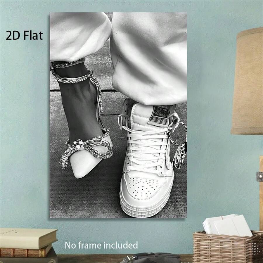 1 Stück rahmenloses Leinwand-Poster - Schwarz-Weiß Stilettos und Sneakers Wandkunst, 2D Grafik Design, geeignet für Büro, Küche, Wohnzimmer, Schlafzimmer Dekoration, ideal als Halloween und Weihnachtsgeschenk, für Innenbereich, ohne Rahmen, Wanddekoration | Moderne Wandkunst