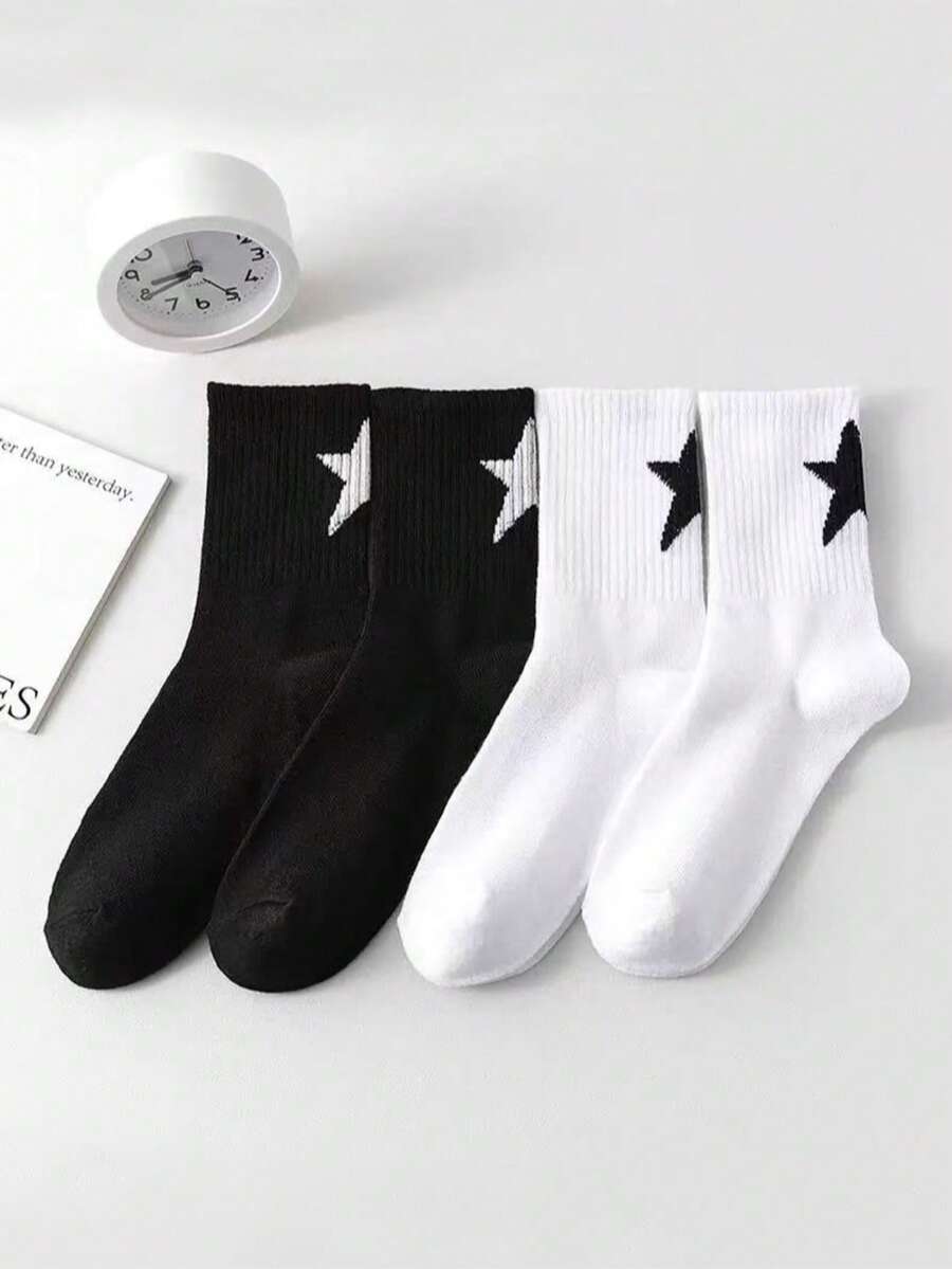 2 Pares de Meias Femininas Cano Médio com Padrão de Pentagrama Preto e Branco, Adequadas para Esportes e Uso Casual