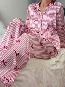 女士条纹长袖睡衣套装（2件套），冬季服装 - 粉色 - 查看 4