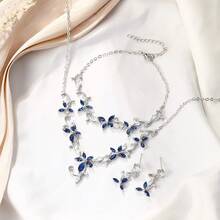 Crysdue Flower Leaf Wedding Jewelry Set Bridal Bridemaid, Cubic Zirconia Teardrop Elegant Silver/14K/Gold Plated Vine Necklace Dangle Earrings Prom Party - B_三組藍色 - 查看 4