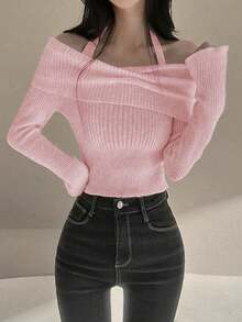 Women's Solid Color Cold Shoulder Long Sleeve Stylish Slim Fit Cropped Turtleneck Sweater, Autumn/Winter - Pink - View 5