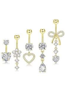 4/5/8/10pcs Body Jewelry Set, Cubic Zirconia Flower, Butterfly & Heart Decor 14G Stainless Steel Navel Piercing Rings, Suitable For Daily, Party, Holiday Gift, Beach