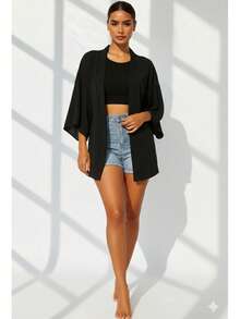 Women's Kimono With Wide Sleeves Lightweight, Versatile And Stylish For Layering Simple Casual Elegant Folded Fabric Kimono Home Evening Holiday Office Winter - 黑色 - 查看 6