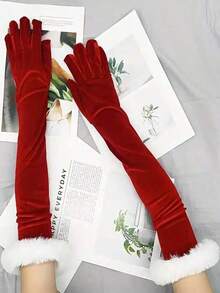 1 副女士手套，白色毛绒袖口，及肘长指手套，婚礼手套，派对手套，圣诞老人派对服装 - 紅色 - 查看 8
