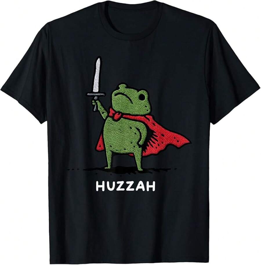 DCOJUZBO Huzzah Frog Knight Funny Sword Meme Quote T-Shirt - 黑色 - 查看 1